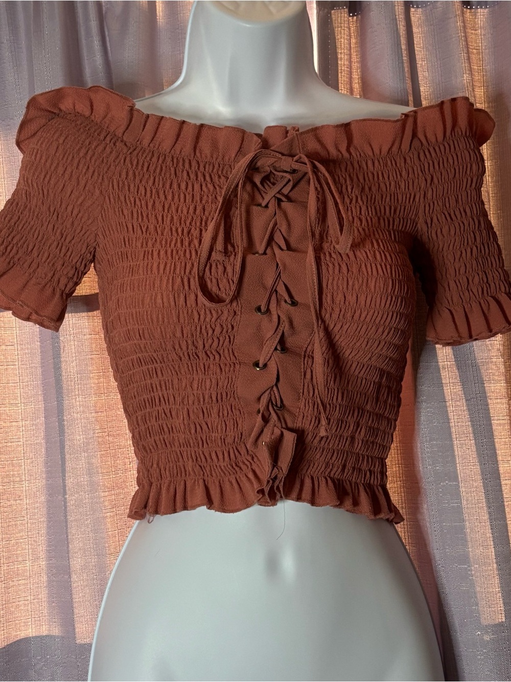 Rue21 Rust Brown Smocked Off-Shoulder Lace-Up Crop Top